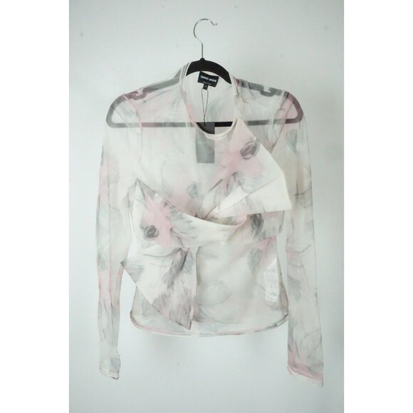 Giorgio Armani White Pink Floral Cupro Blend Bow Sheer Top 42 BRAND NEW - Picture 1 of 4